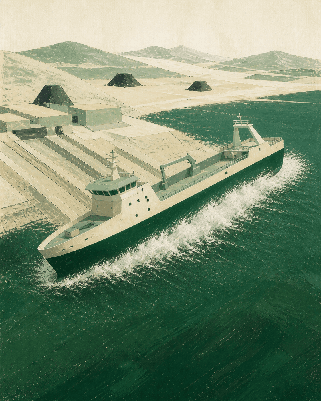 Painted working ship sliding sideways from a slipway into emerald water.