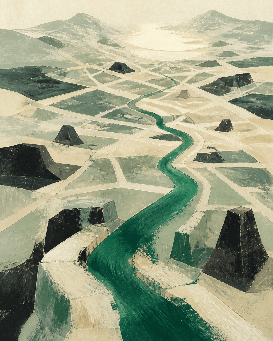 Painted landscape with many possible routes and one clear emerald path.