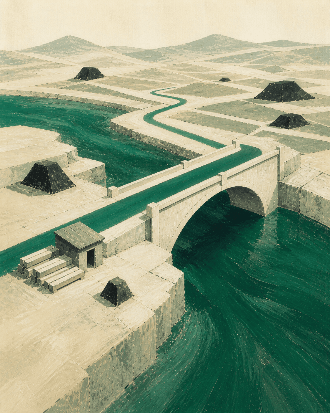 Painted stone bridge carrying a clear emerald route across a river.