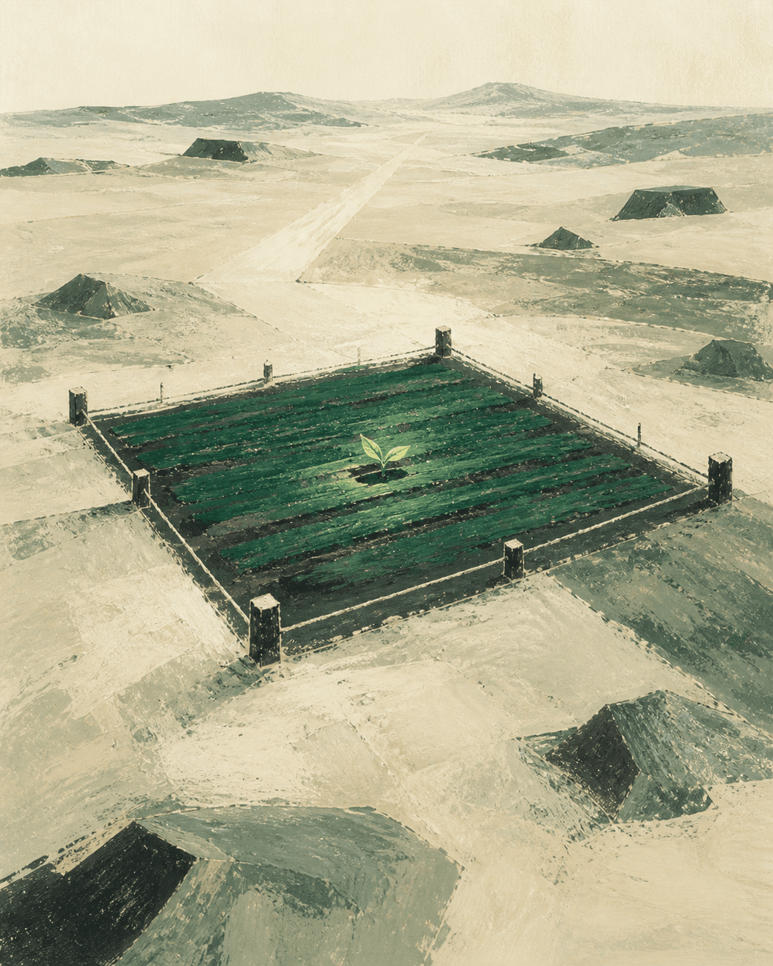 Painted test field with one healthy plant growing at its centre.