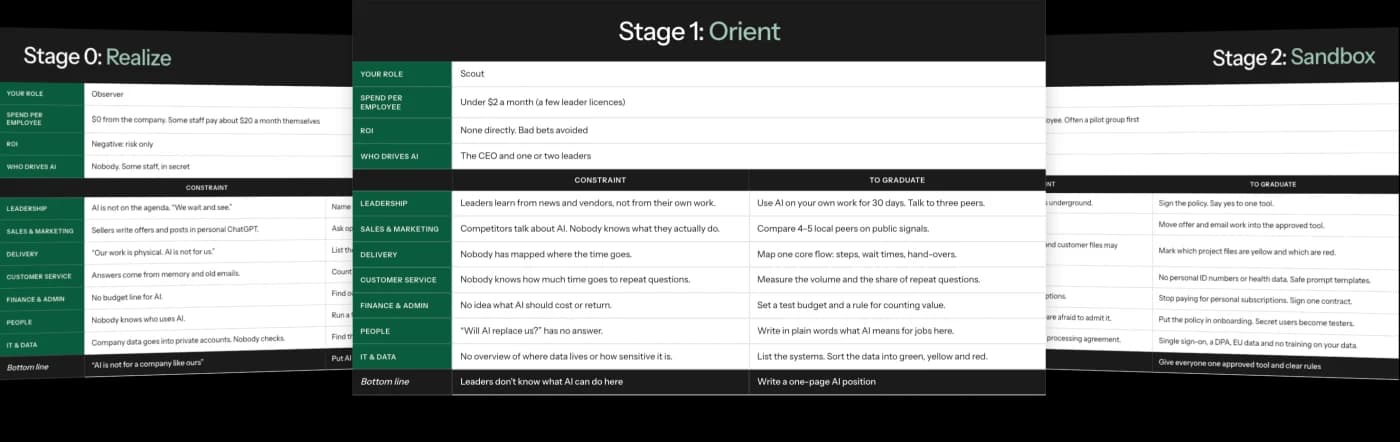 One-sheets for Stage 0: Realize, Stage 1: Orient and Stage 2: Sandbox